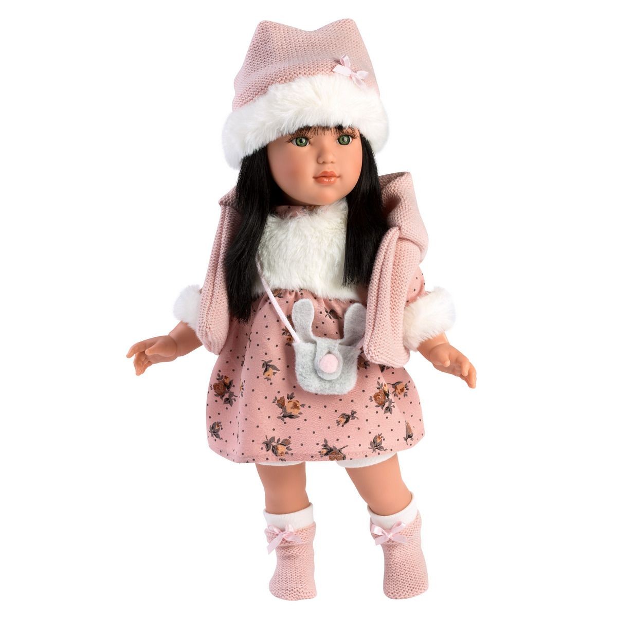 Κούκλα Μελαχρινή 40cm Ροζ Ζακέτα Φλοράλ Φόρεμα, Llorens